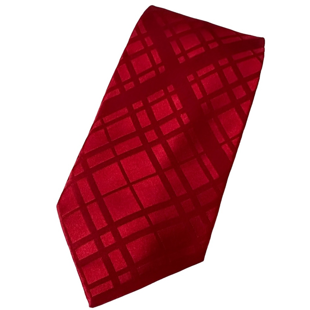 New Silk Tie Red Solid Windowpane Handmade still in Protective Plastic Sleeve